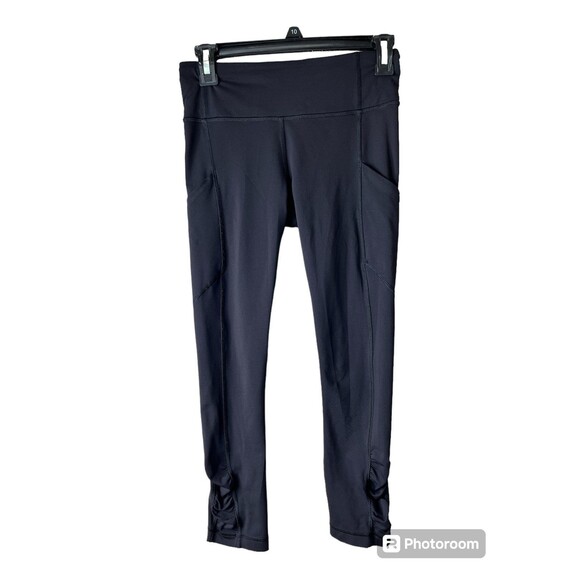 LULULEMON Run Tempo crop Leggings Ruched lower leg side Black Stretch #323 - Picture 1 of 12